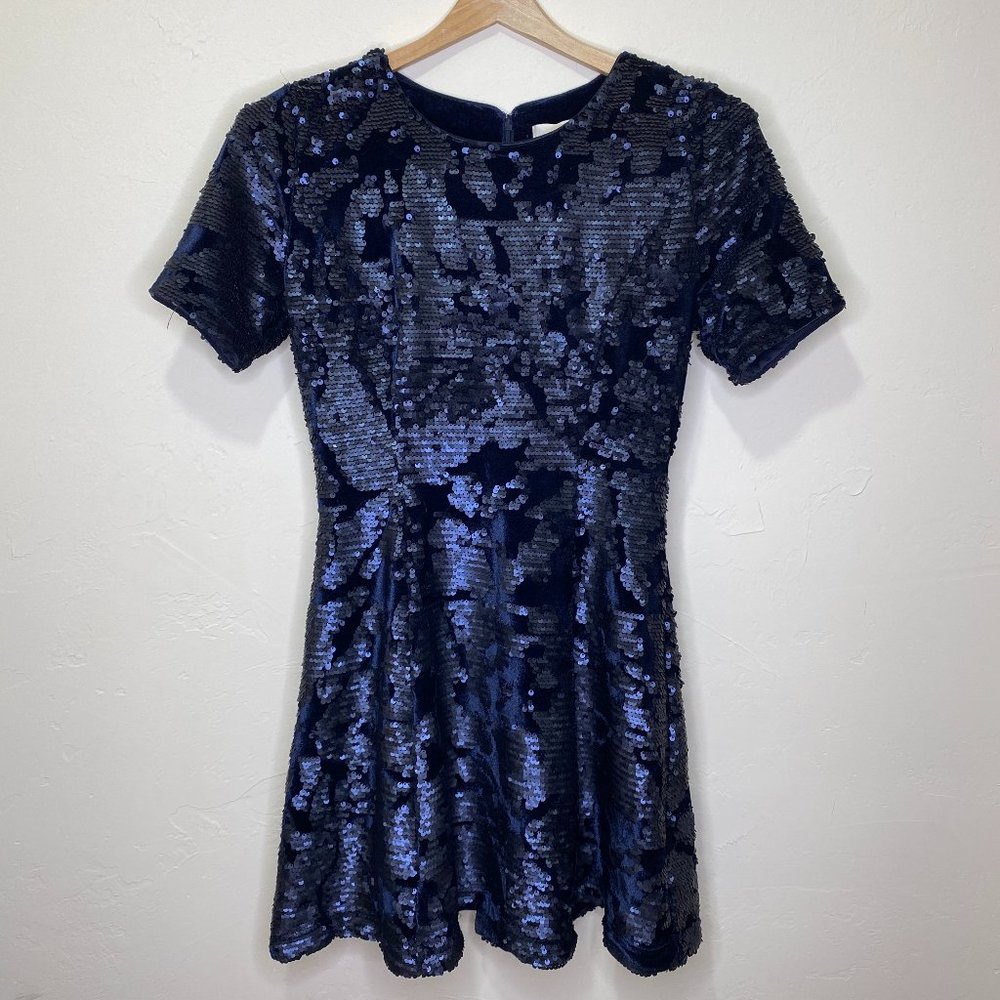 JOA Short Sleeve Velvet Sequin Dress Size Xsmall XS Navy Midnight Blue